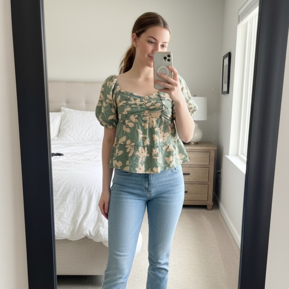 URBAN Romantics Sage Green and Cream Floral Smocked Bodice Top